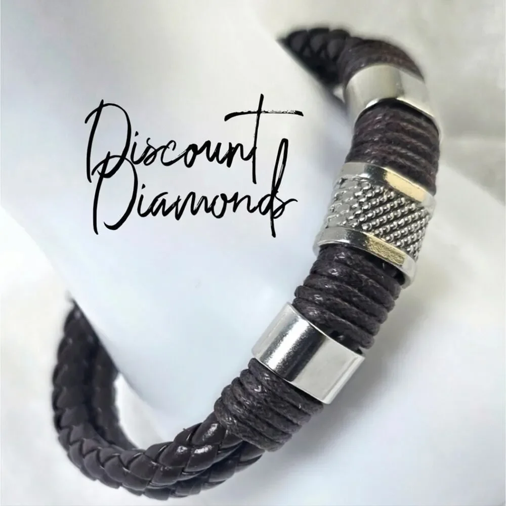 Brown Braded Leather Bracelet Silver Stainless Steel